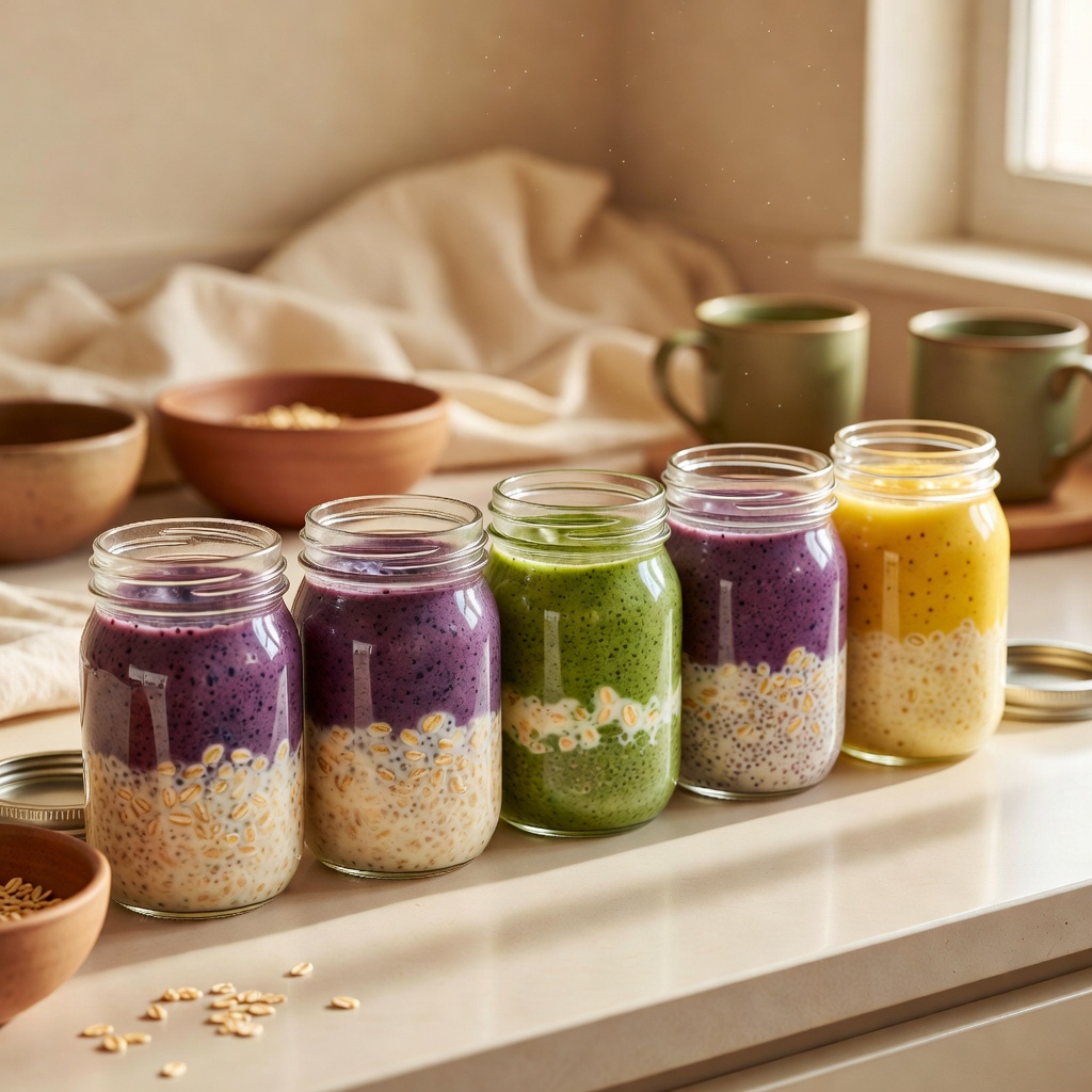 A week of calorie-dense meals prepped in jars on a kitchen counter