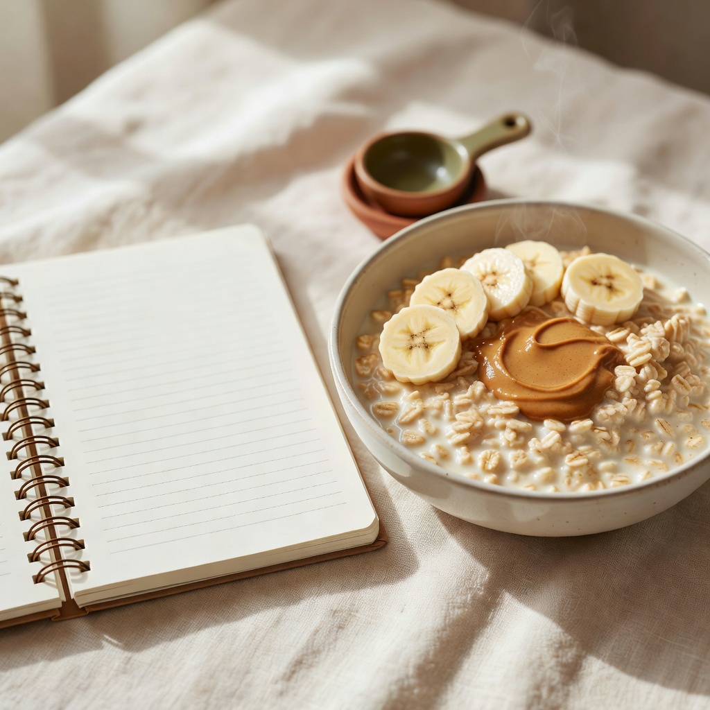 A bowl of oats with banana and peanut butter beside an open notebook in morning light